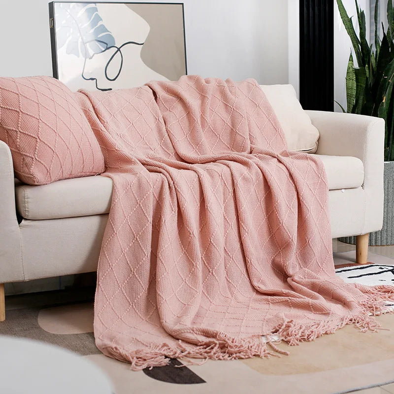 Nordic Knitted Throw Blanket with Tassels — Soft Cozy Home Decor