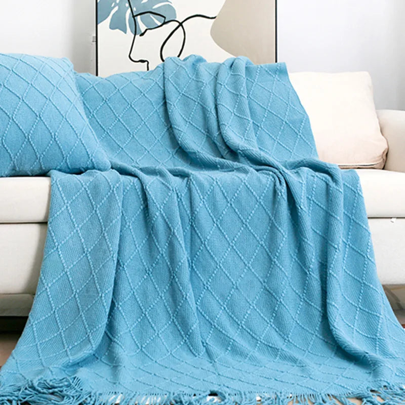Nordic Knitted Throw Blanket with Tassels — Soft Cozy Home Decor