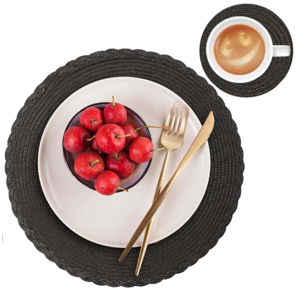6 Round Braided Placemats + Coasters- Set of 6 — Side view