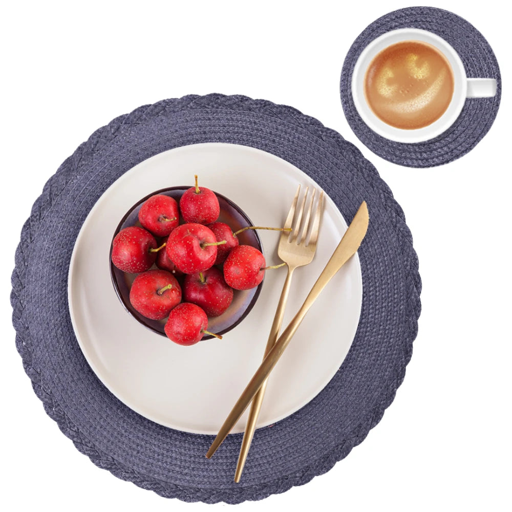 6 Round Braided Placemats + Coasters- Set of 6 — Pack contents