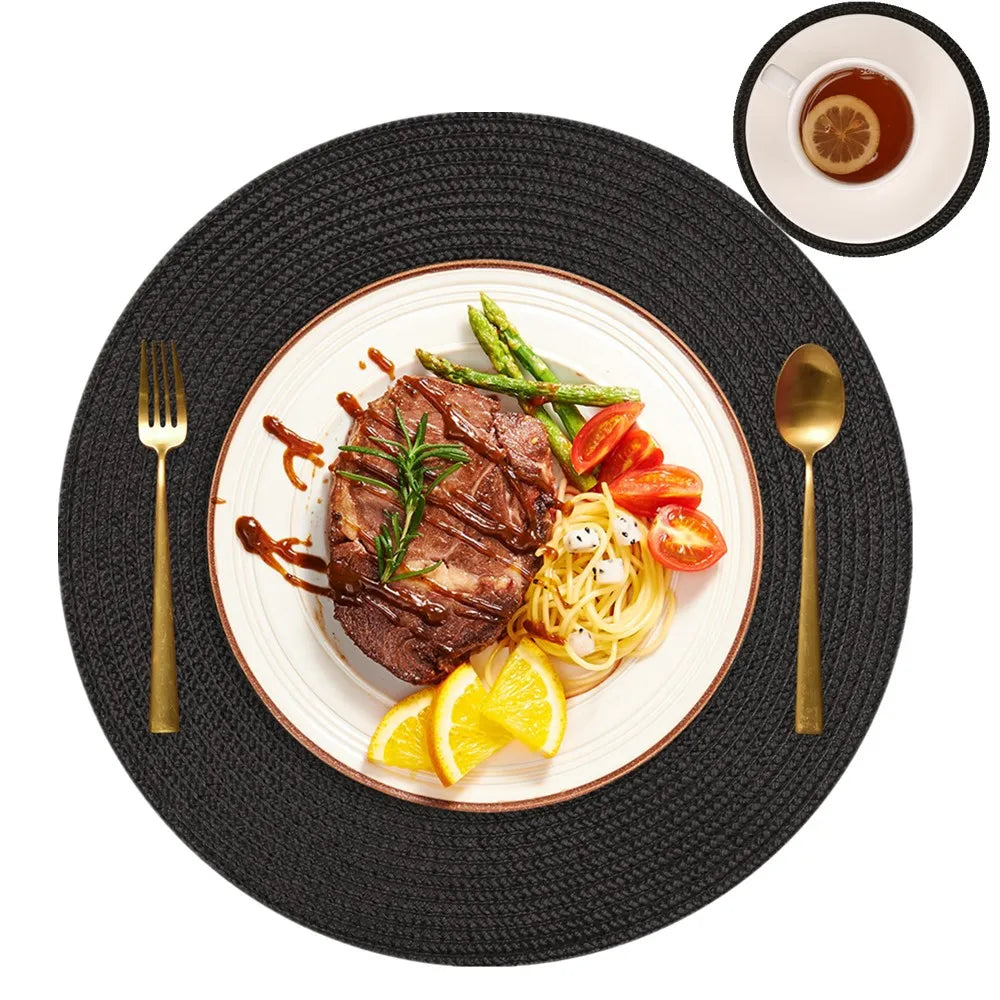 6 Round Braided Placemats + Coasters- Set of 6 — Full view