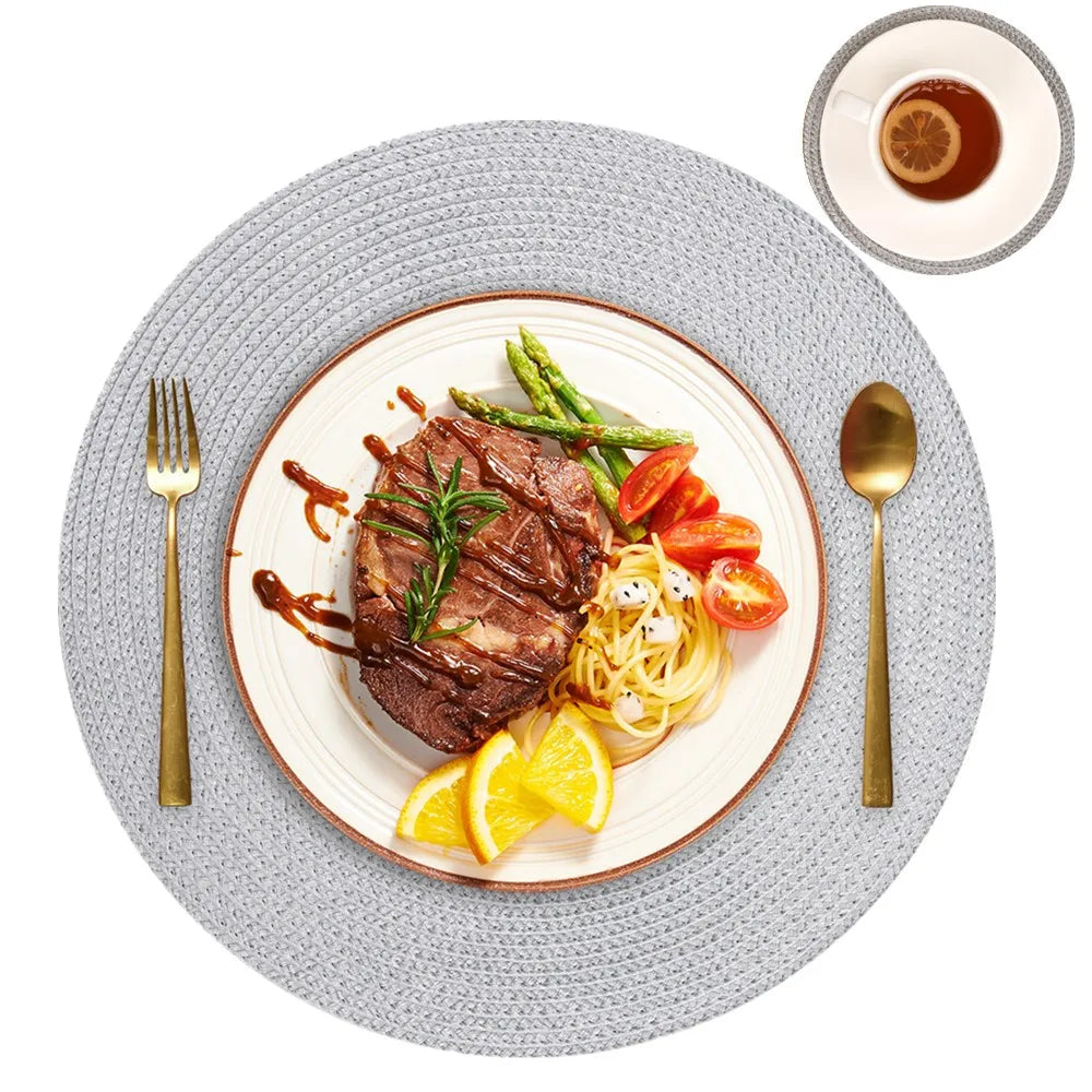 6 Round Braided Placemats + Coasters- Set of 6 — Scale view
