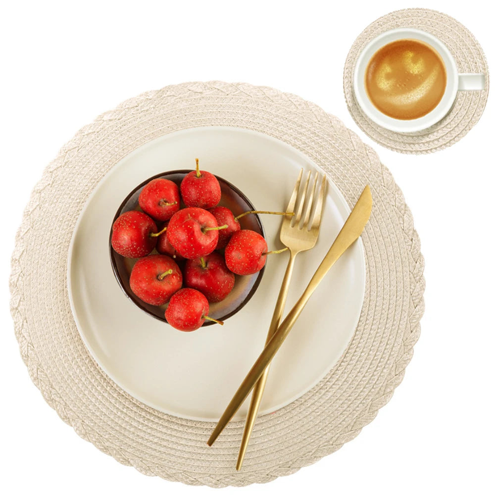 6 Round Braided Placemats + Coasters- Set of 6 — Flat lay