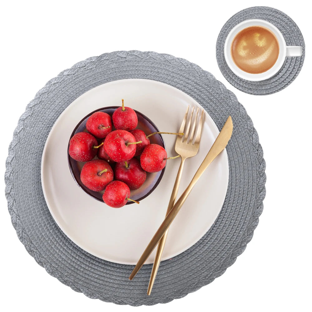 6 Round Braided Placemats + Coasters- Set of 6 — Styled shot