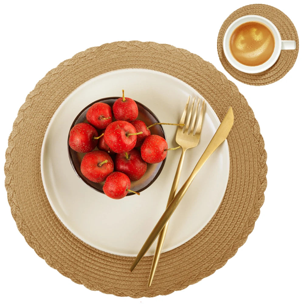 6 Round Braided Placemats + Coasters- Set of 6 — Back view